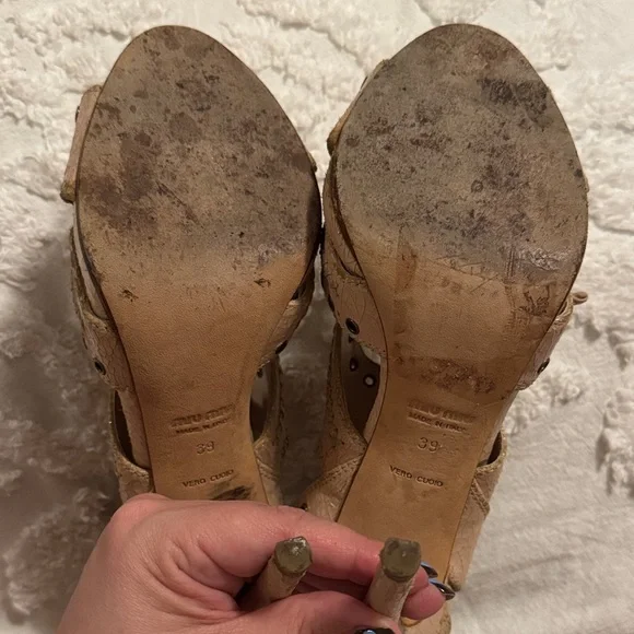 Miu Miu Tan/Pink Distressed Cutout Heels - Picture 8 of 14